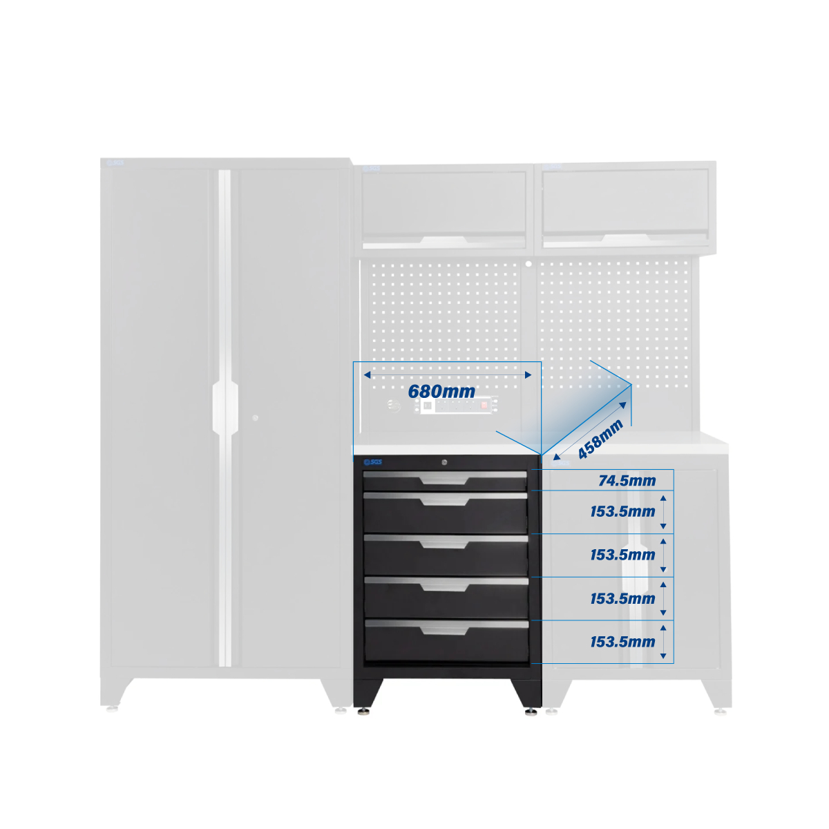 SGS 7pc Modular Garage Storage | 5 Drawers | Stainless Steel Worktop | Tall Double Cabinet | 2x Upper Cabinets | Pegboard with Power Strip